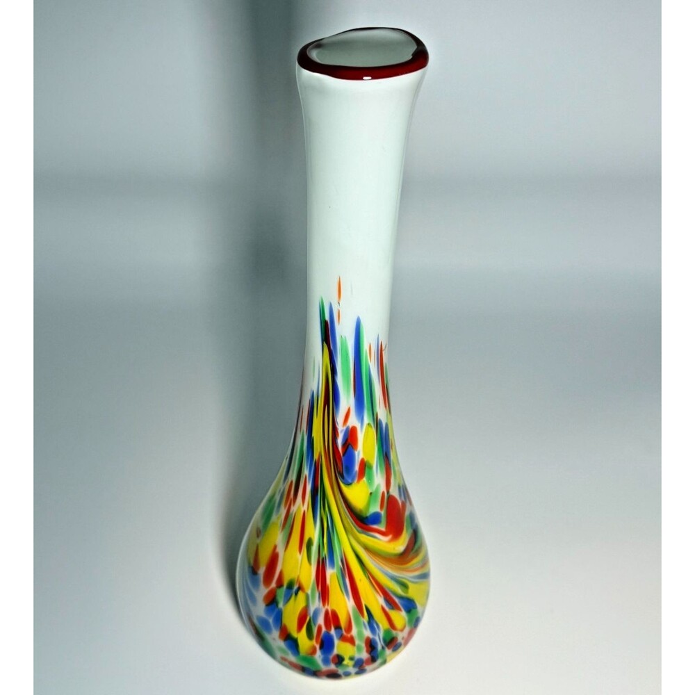 14.5" Tall Vintage Murano Style Multicolor Spatter Art Glass Vase